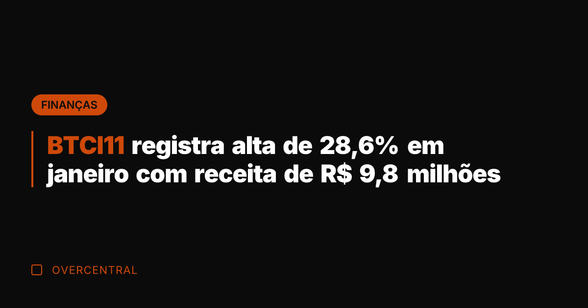 BTCI11 registra alta de 28,6% em janeiro com receita de R$ 9,8