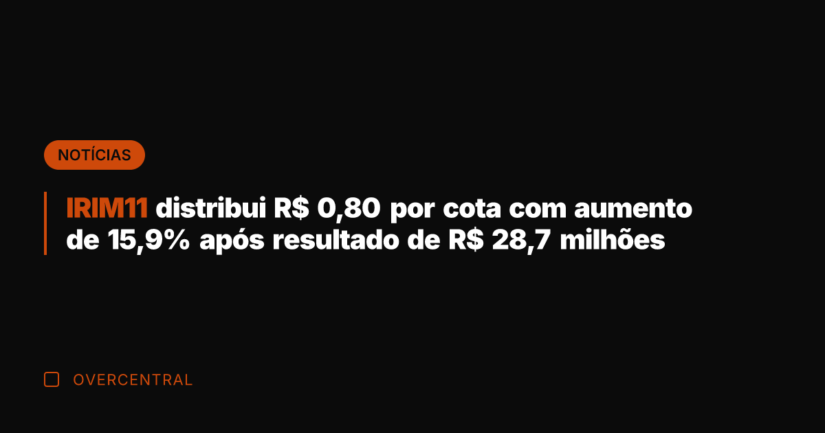 IRIM11 distribui R$ 0,80 por cota com aumento de 15,9% após resultado